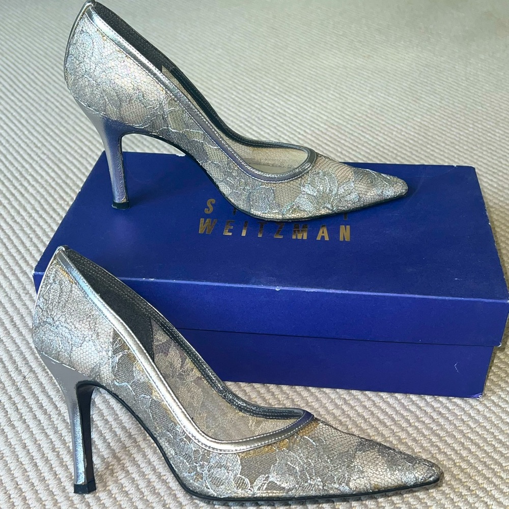 Stuart Weitzman silver lace heels